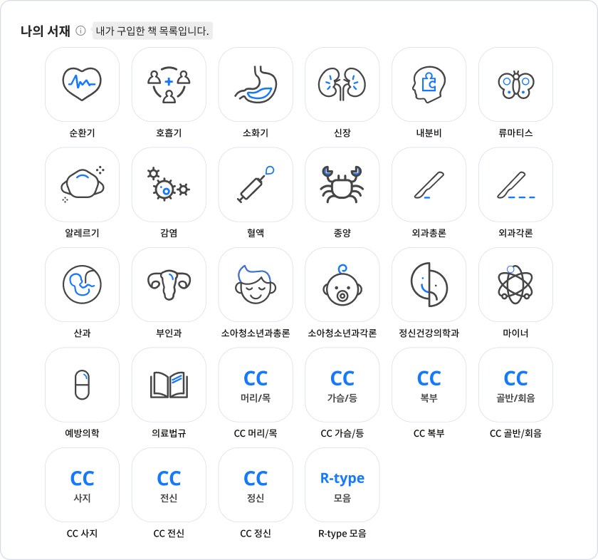의학 전과목 이론과 개념, 문제를 한 번에 학습할 수 있도록 구성된 화면 예시