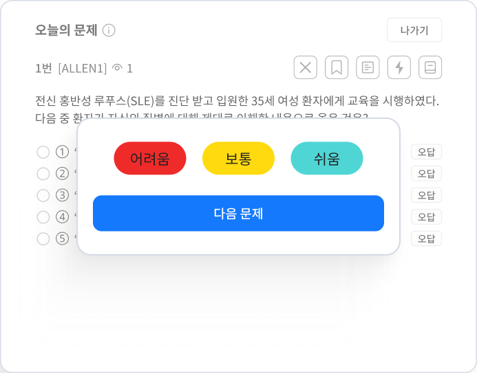 문제 풀이 후 난이도 선택에 따라 복습 날짜가 자동으로 설정되는 기능 화면